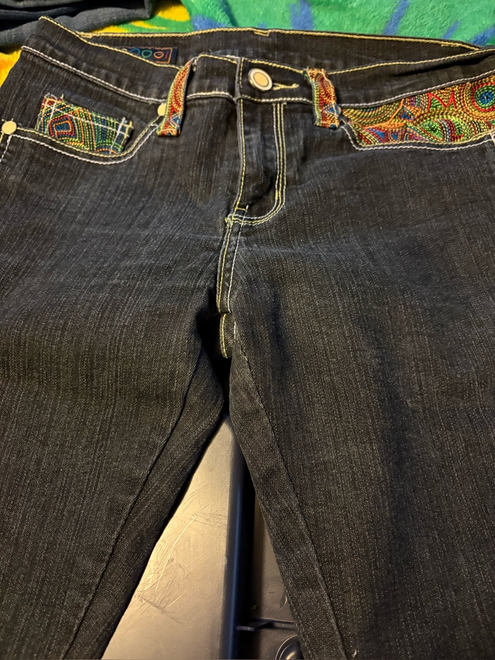 Desigual Straight Leg Jeans with Multicolor Embroidered Trim